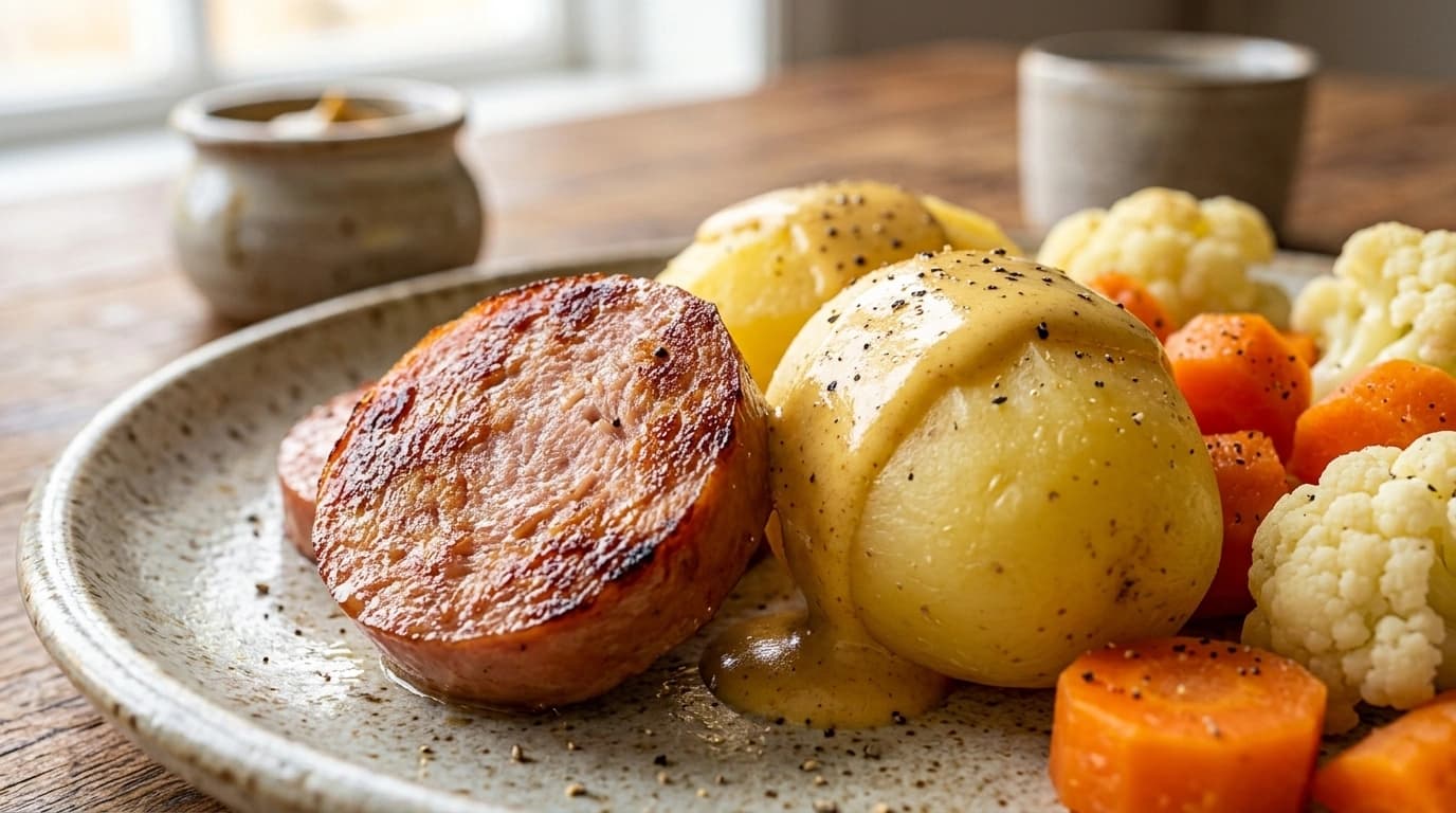 En panna falukorv, potatis och senap – Klassisk husman på 35 minuter - traditionellt Svensk Middag recept, perfekt till vardagsmiddag