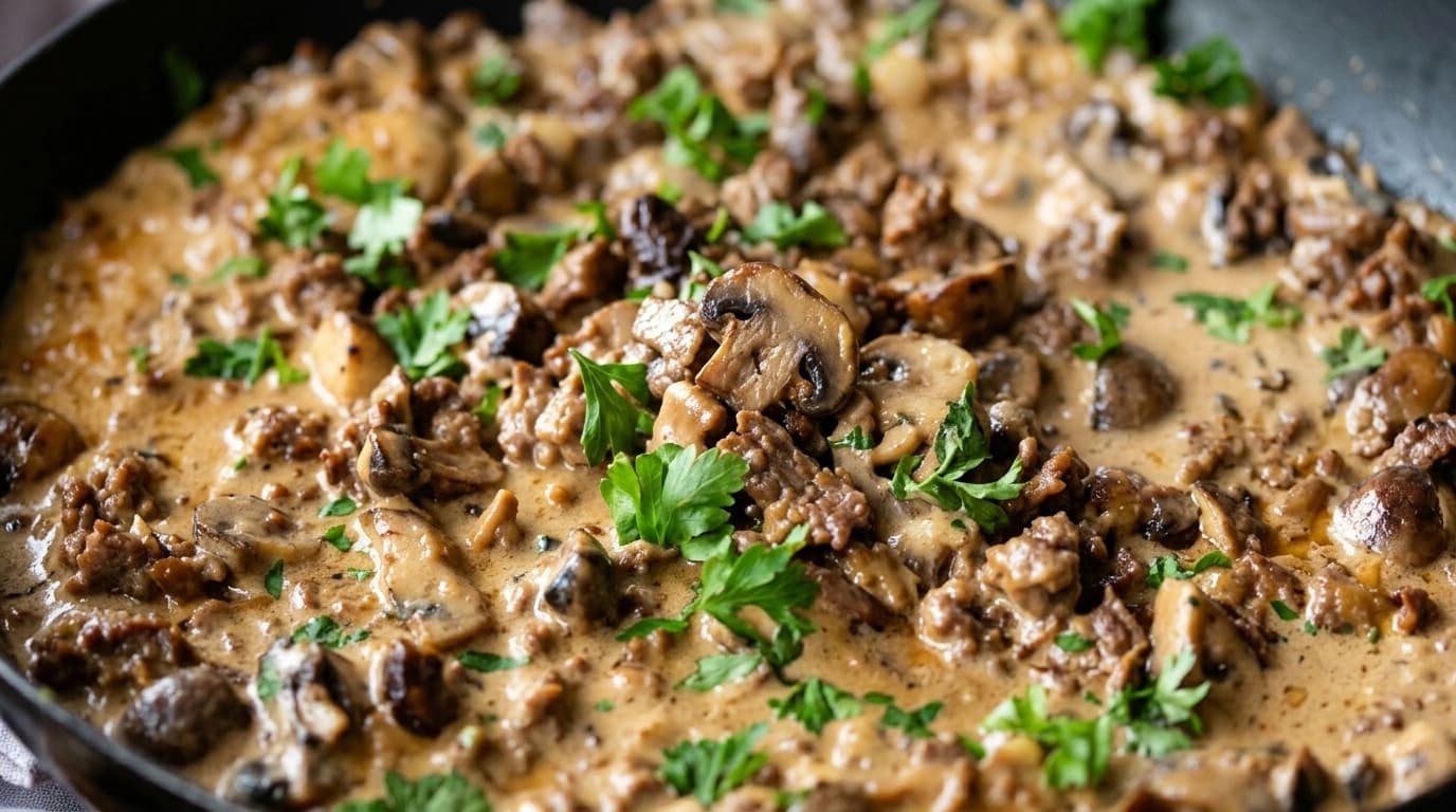 En panna med havre, köttfärs och krämig svampsås – Havrelyx på 30 minuter - traditionellt Svensk Middag recept, perfekt till vardagsmiddag