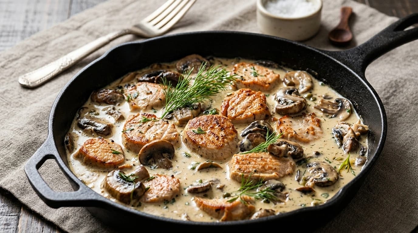 Fläskfilé med krämig svampsås och kikärter – Lyxig proteinmiddag på 30 minuter - traditionellt Svensk Middag recept, perfekt till vardagsmiddag