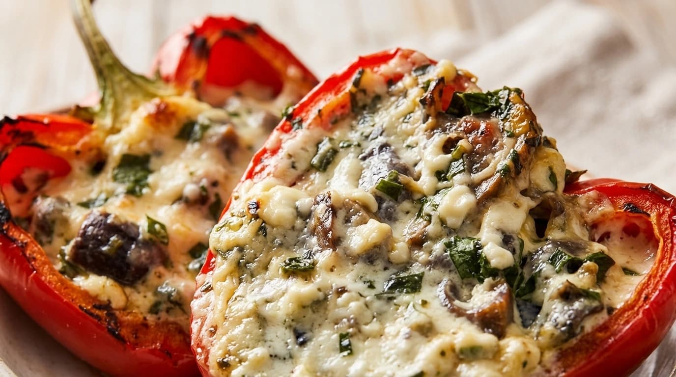 Fyllda paprikor med fetaost och spenat – Paprikan rostas perfekt medan osten smälter inuti - traditionellt Medelhavet Vegetariskt recept, perfekt till vardagsmiddag