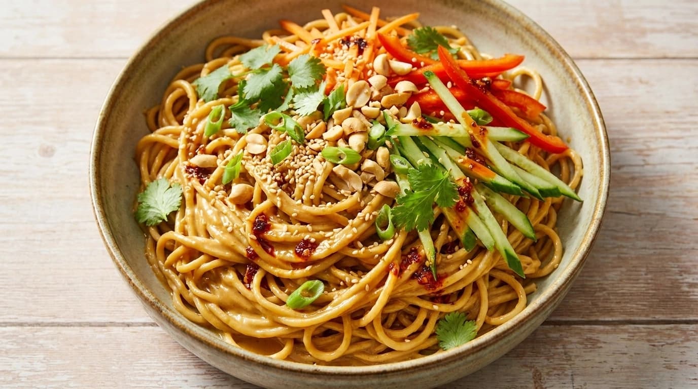Kall nudelsallad med sesamdressing – Fräsch sommarrätt på 25 minuter - traditionellt Asien Sallad recept, perfekt till vardagsmiddag
