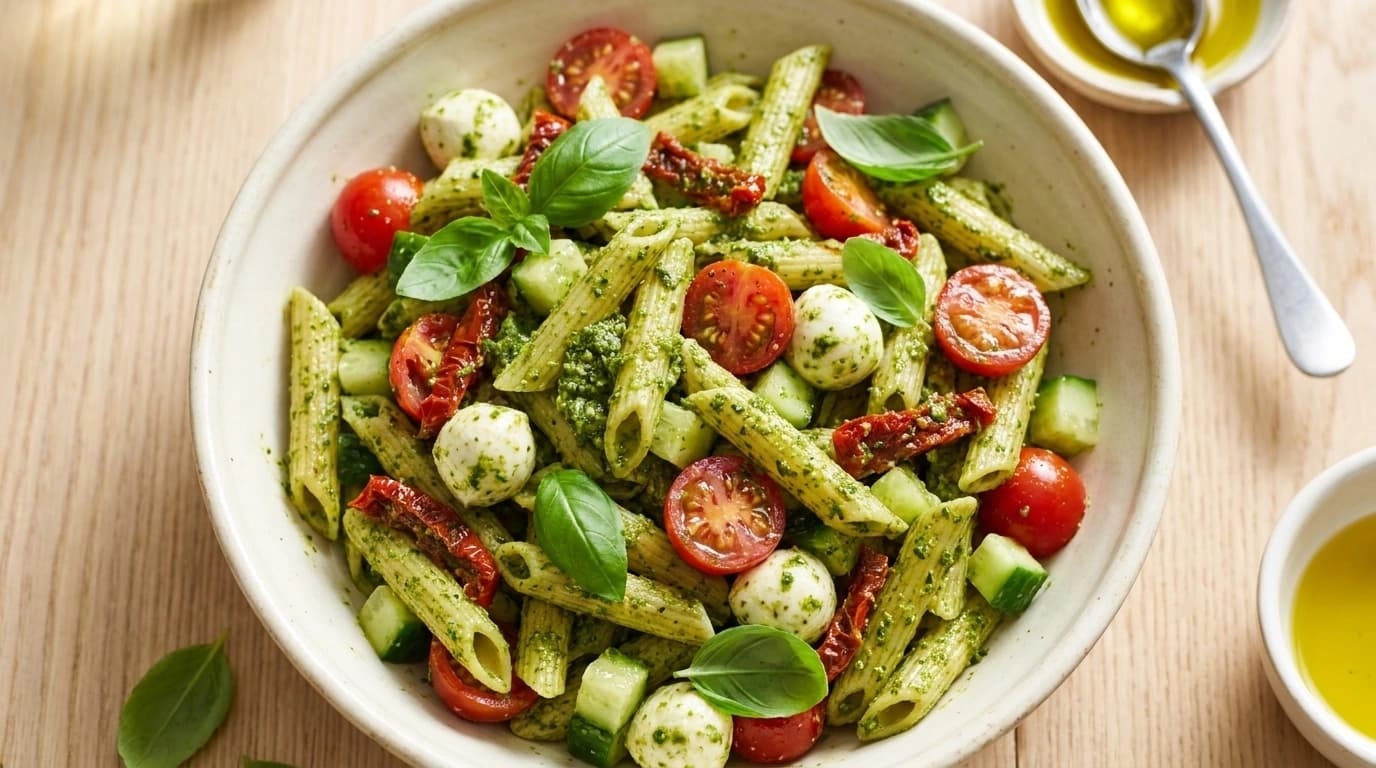 Kall pastasallad med pesto och mozzarella