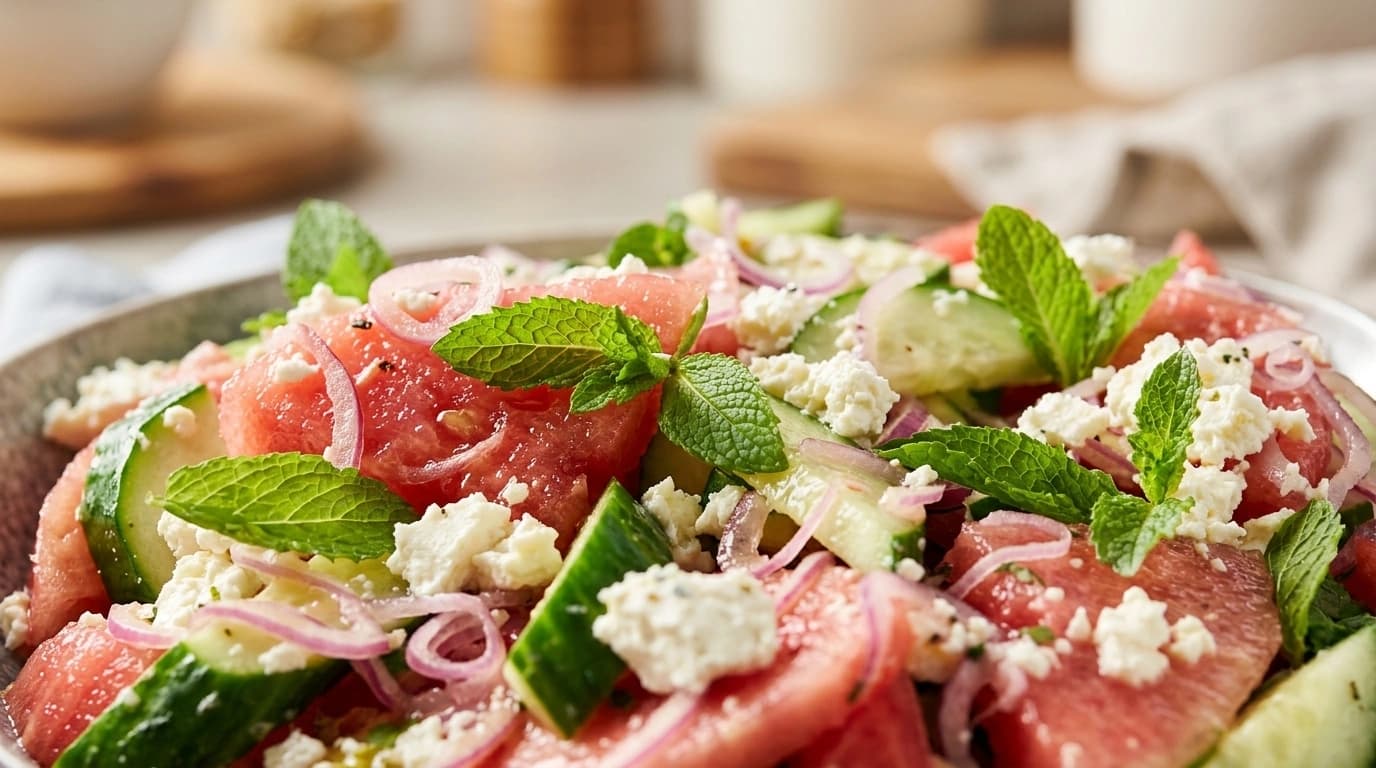 Köttfärssallad med fetaost och vattenmelon – Sommarlunch på 10 minuter - traditionellt Medelhavs Middag recept, perfekt till vardagsmiddag