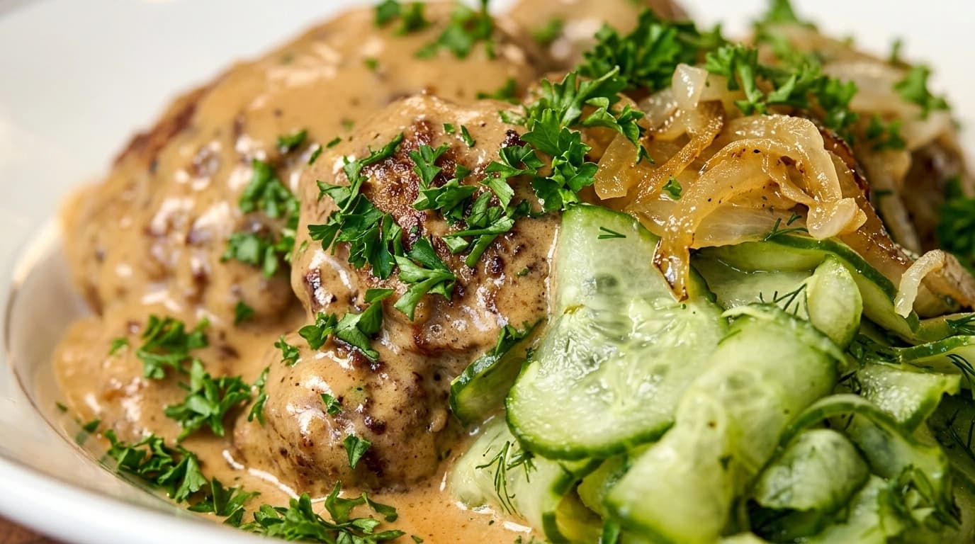 Köttfärsbiffar med lök och gräddsås – Saftiga biffar på 25 minuter - traditionellt Svensk Middag recept, perfekt till vardagsmiddag