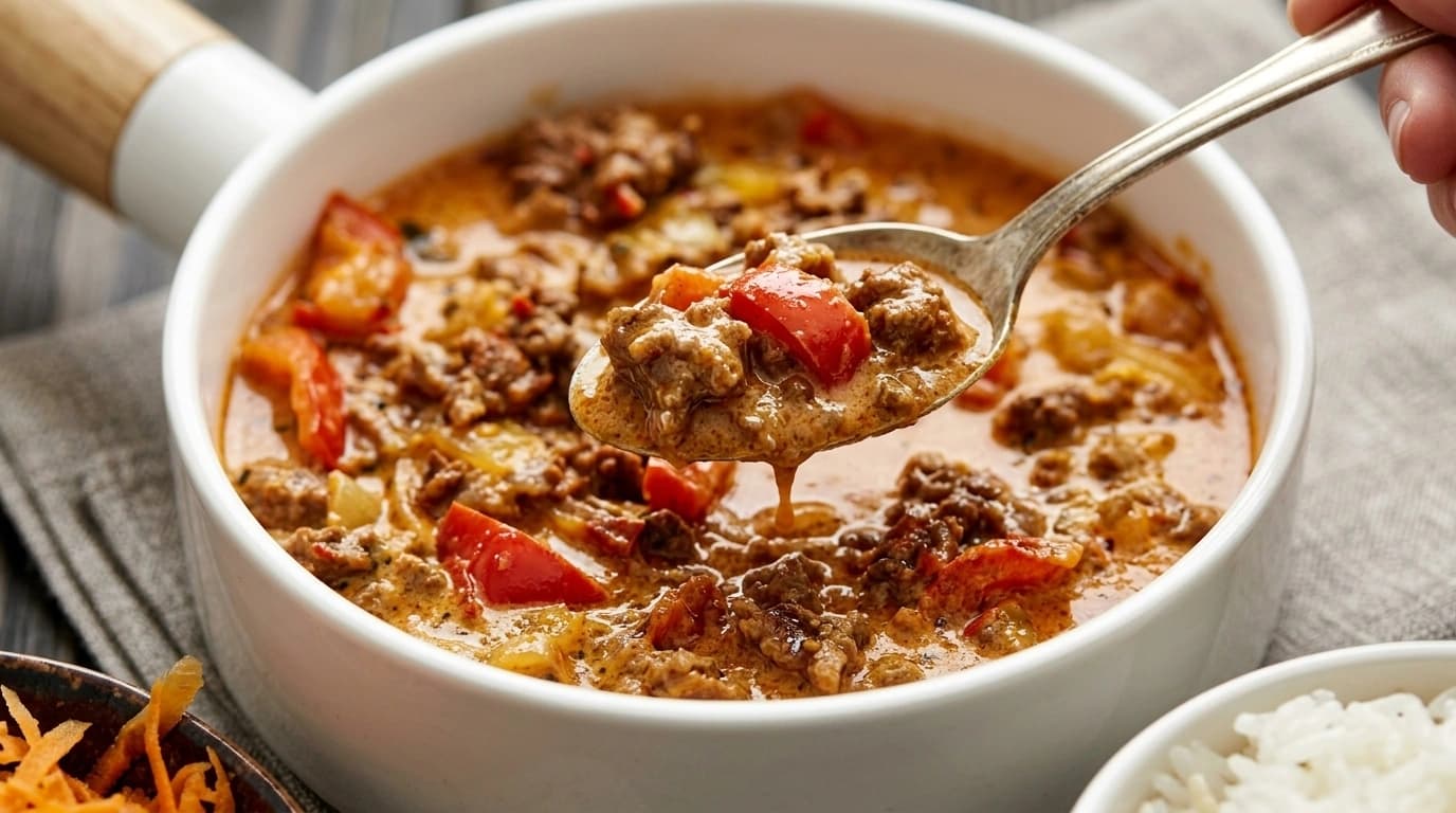 Köttfärsgryta med paprika, lök och crème fraiche – 90-talsklassiker på 20 minuter - traditionellt Svensk Middag recept, perfekt till vardagsmiddag