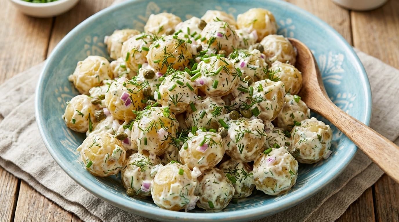 Krämig potatissallad med dill – Svensk klassiker på 25 minuter - traditionellt Sverige Tillbehör recept, perfekt till vardagsmiddag