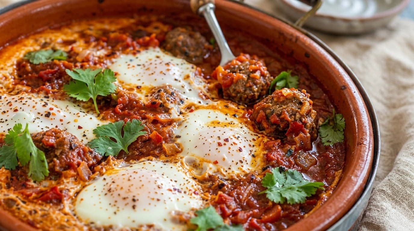 Marockansk Kefta Tagine med tomater och bakade ägg – 35 minuter - traditionellt Marockansk Middag recept, perfekt till vardagsmiddag