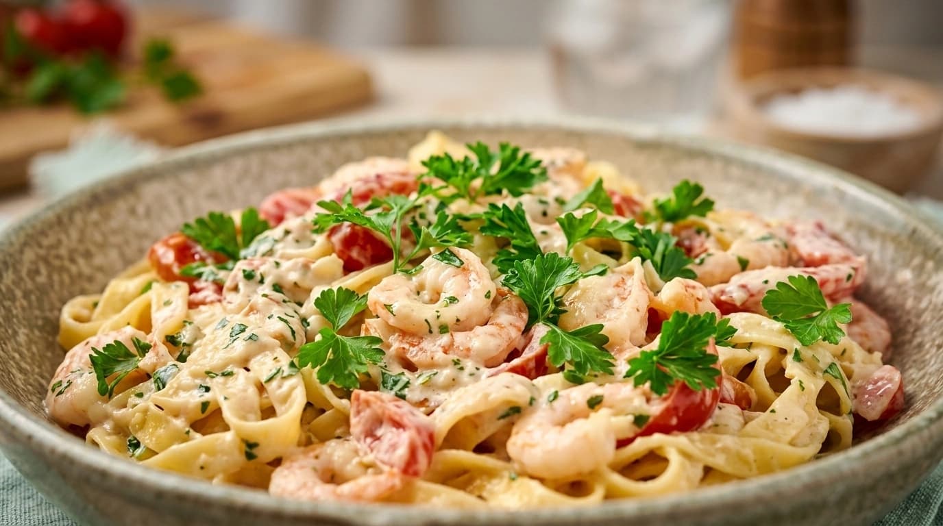 Pasta med "räkor" av king oyster-svamp – Vegetarisk skaldjurslyx på 15 minuter - traditionellt Italienskt Middag recept, perfekt till vardagsmiddag