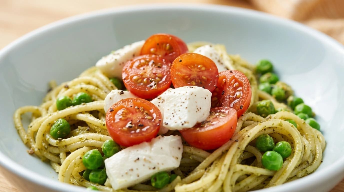 Pasta med pesto, körsbärstomater och mozzarella – 10 minuters sommarfavorit - traditionellt Italienskt Middag recept, perfekt till vardagsmiddag