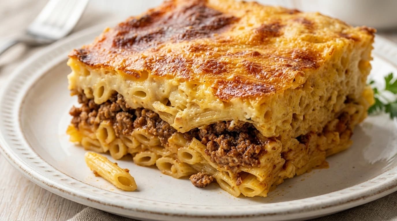 Pastitsio med kikärter, nötfärs och béchamelsås – Grekisk ugnslyx på 60 minuter - traditionellt Grekisk Middag recept, perfekt till vardagsmiddag
