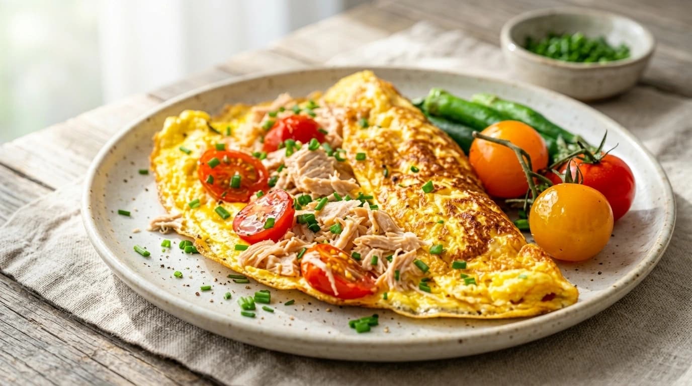 Power-omelett med tonfisk, spenat och cottage cheese – 40g protein på 10 minuter - traditionellt Svensk Middag recept, perfekt till vardagsmiddag