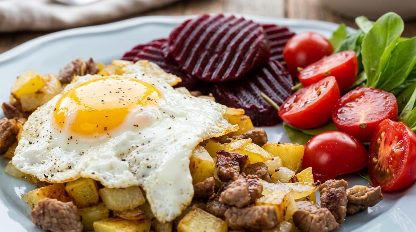 Pytt i panna på köttfärs med stekt ägg och rödbetor – Snabb twist på 20 minuter - traditionellt Svensk Middag recept, perfekt till vardagsmiddag