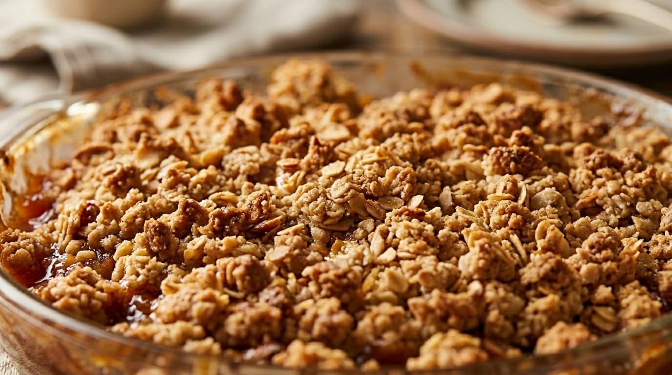 Rabarbercrumble med vit choklad och makadamnötter