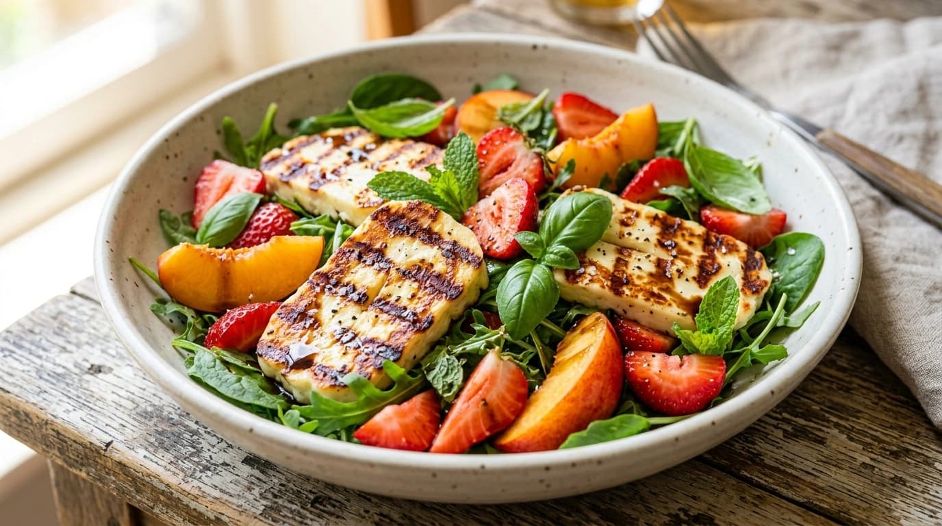 Sallad med halloumi, jordgubbar och basilika