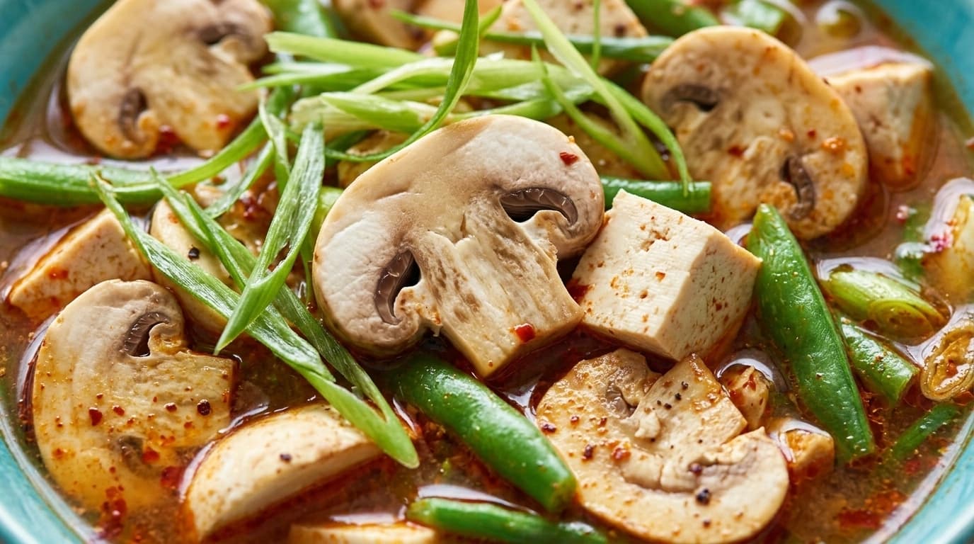 Thailändsk tom yum soppa med tofu och svamp – Het, syrlig och oemotståndlig - traditionellt Thailändskt Middag recept, perfekt till vardagsmiddag