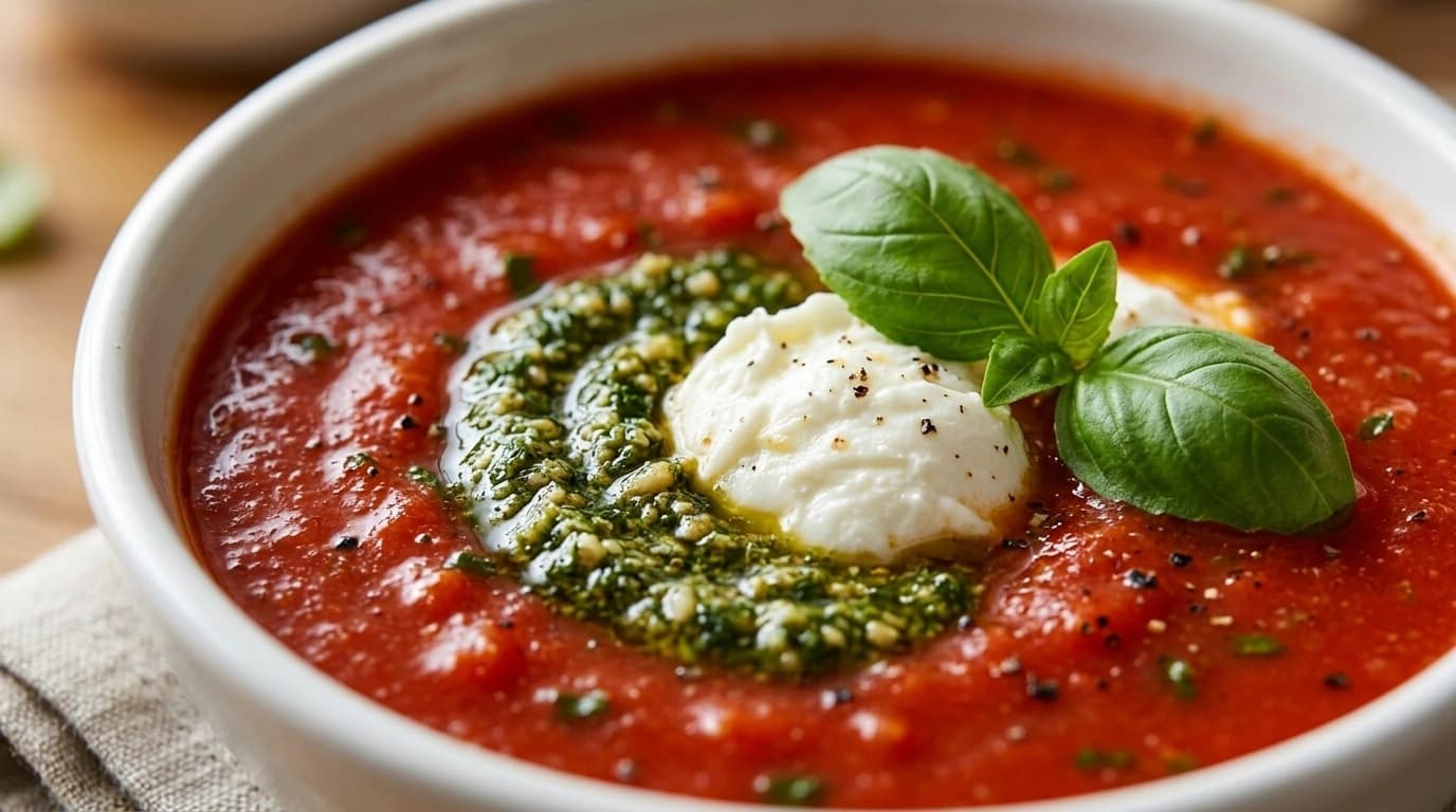 Vegetarisk tomatsoppa med basilika och croutoner – Italiensk värmare på 25 minuter - traditionellt Italienskt Middag recept, perfekt till vardagsmiddag