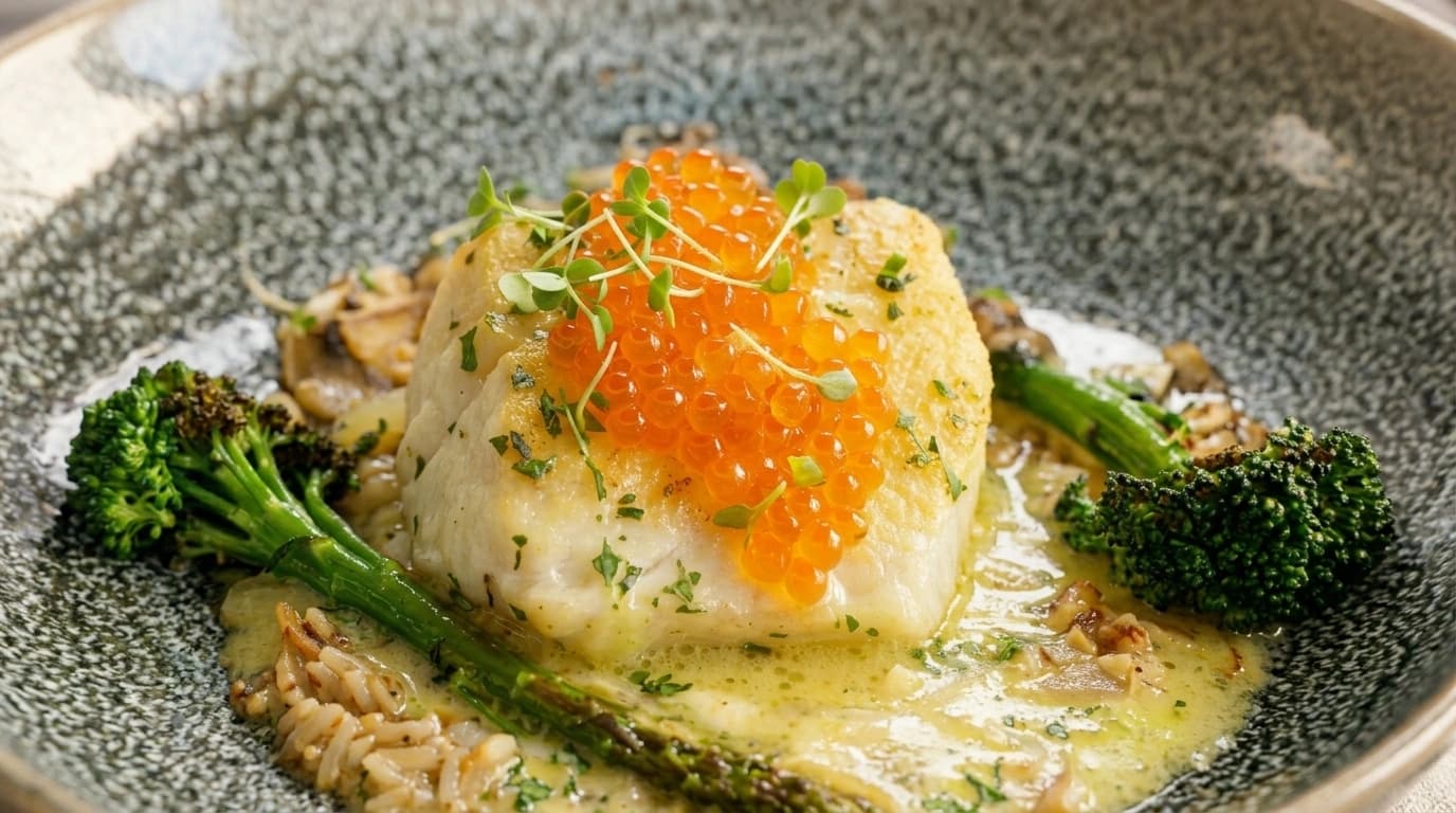 Torskrygg med rabarberbeurre blanc och sparris