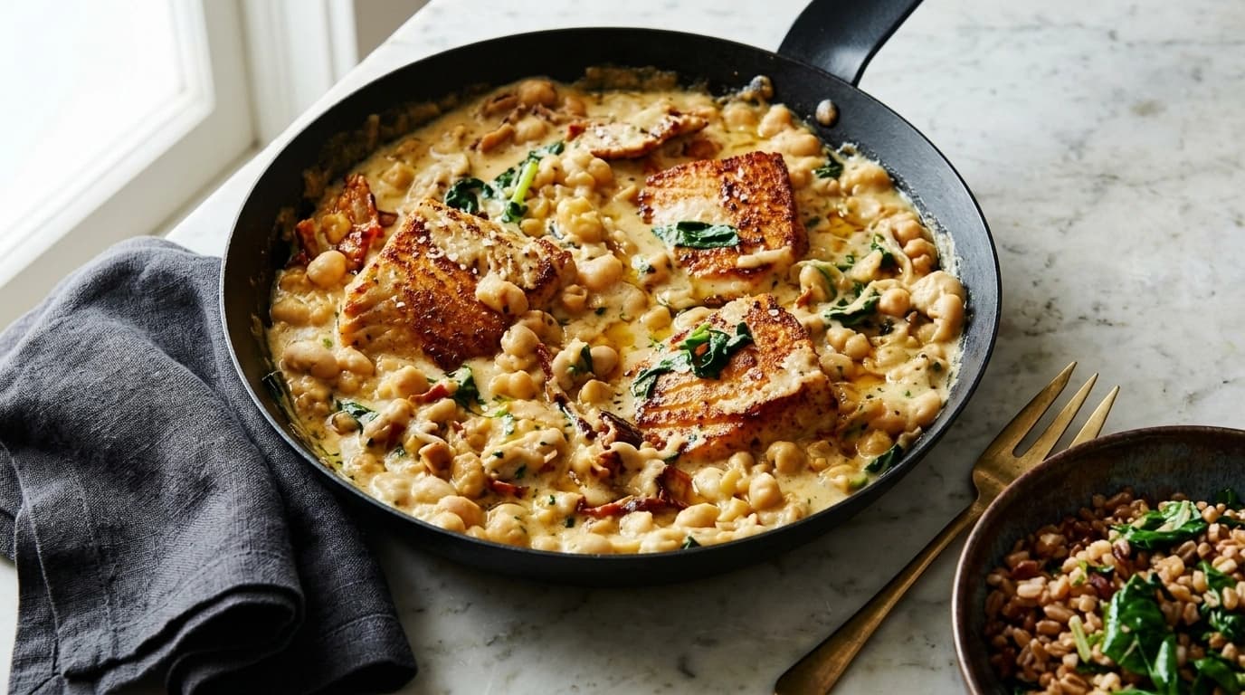 Ugnsbakad lax med äggstuvning och brynta bönor – Svensk superfood på 30 minuter - traditionellt Svensk Middag recept, perfekt till vardagsmiddag