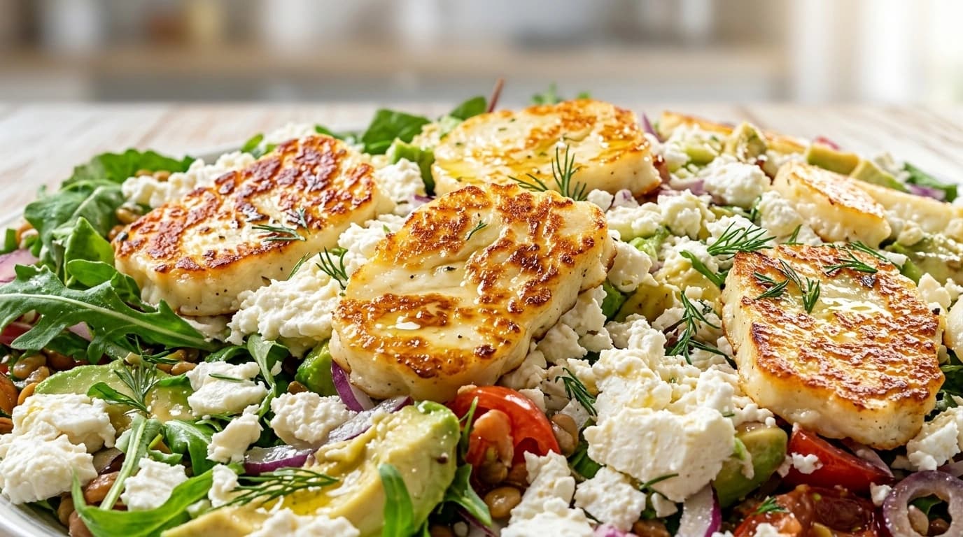 Varm rabarbersallad med halloumi, valnötter och honung