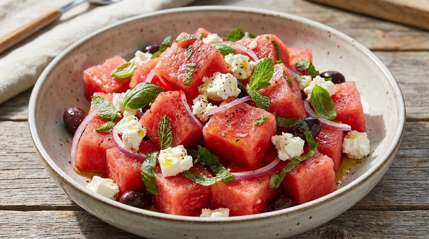 Vattenmelon- och fetaostsallad
