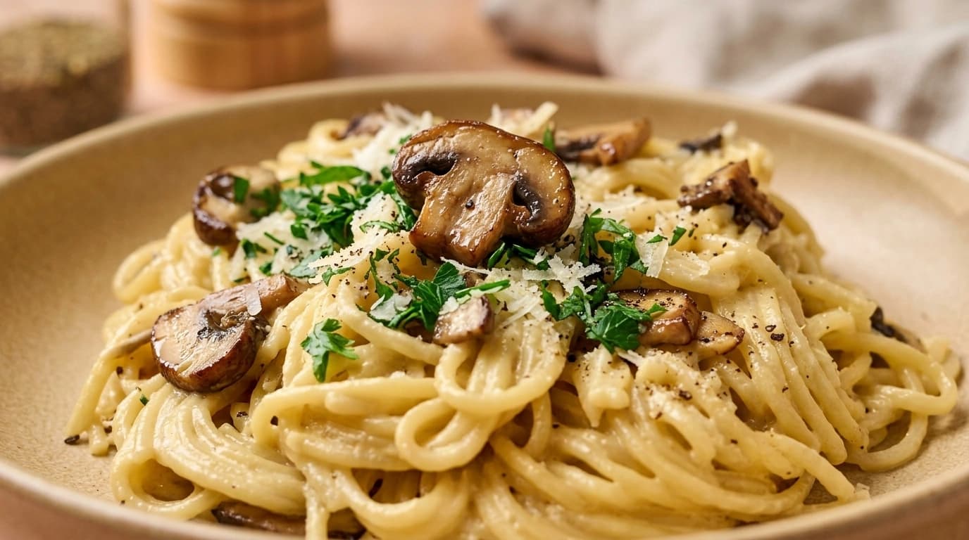 Vegetarisk carbonara med svamp och ärtor – Krämigt på 15 minuter - traditionellt Italienskt Middag recept, perfekt till vardagsmiddag