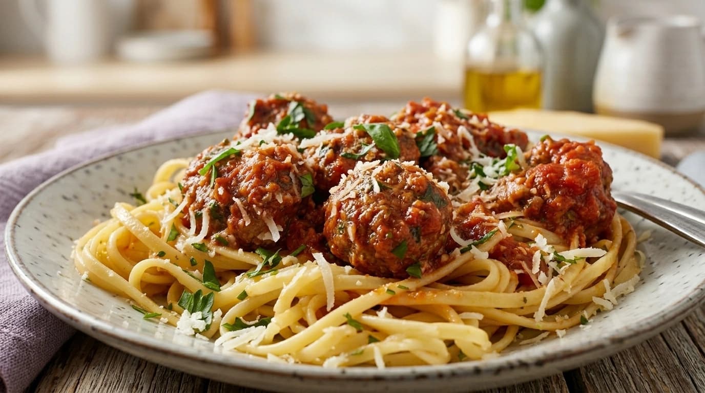 Vitlöksköttbullar med pasta och parmesan – Barnvänlig klassiker på 25 minuter - traditionellt Italiensk Middag recept, perfekt till vardagsmiddag