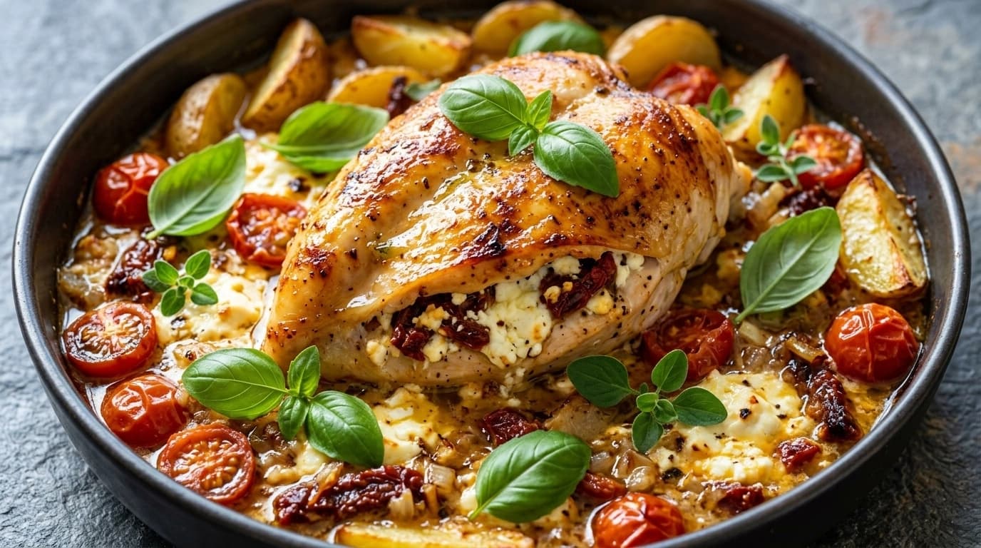Kyckling i ugn med fetaost och soltorkade tomater – Hacka, in i ugnen, slappna av - traditionellt Medelhav Middag recept, perfekt till vardagsmiddag