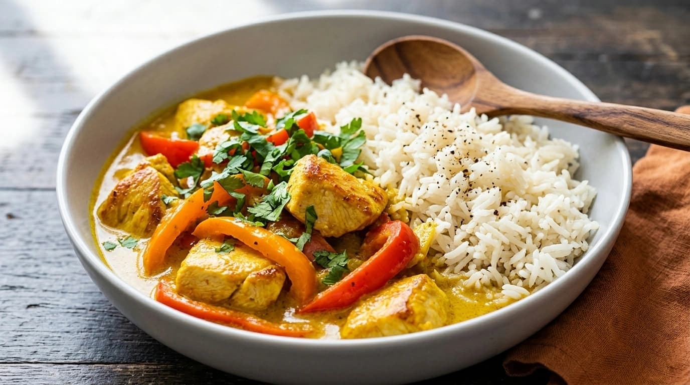 Kycklinggryta med curry och ris – Krämig på 20 minuter - traditionellt Svensk Middag recept, perfekt till vardagsmiddag