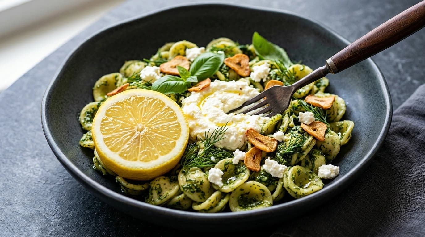 Pasta med spenat, vitlök och fetaost – 15 minuters gourmetvegetariskt - traditionellt Italiensk Middag recept, perfekt till vardagsmiddag
