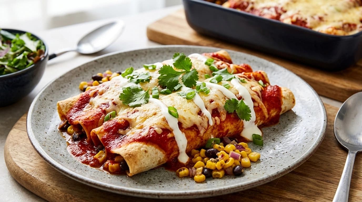 Vegetarisk enchilada med bönor och majs