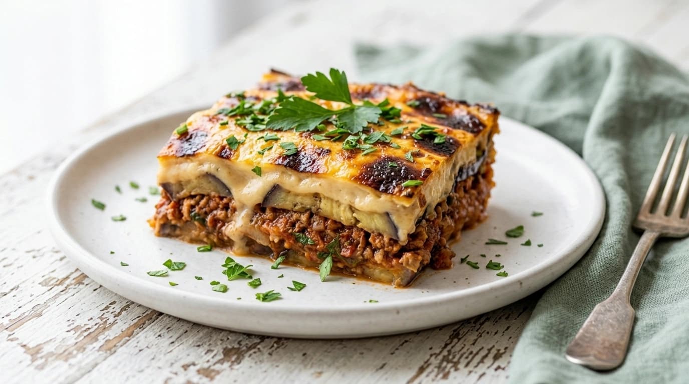 Vegetarisk moussaka på aubergine och linser