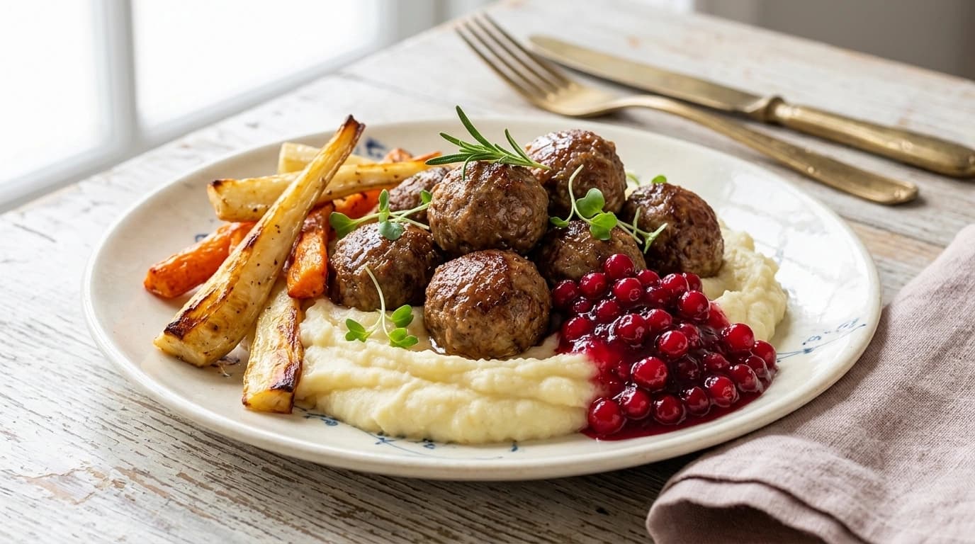 Vegetariskt fågelbo med rotfrukter och lingon