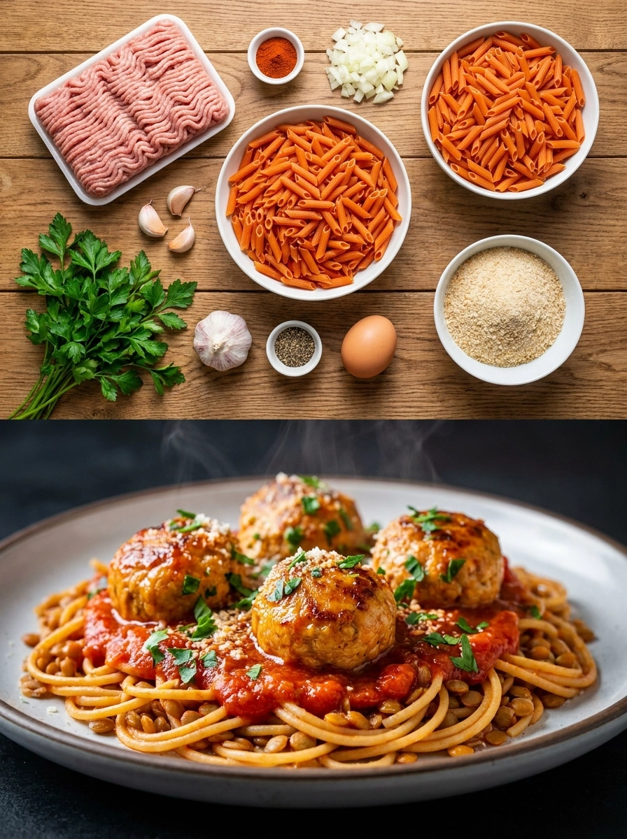 Kalkon Köttbullar Linspasta 38g Protein - traditionellt Sverige Träningsmat recept, perfekt till vardagsmiddag