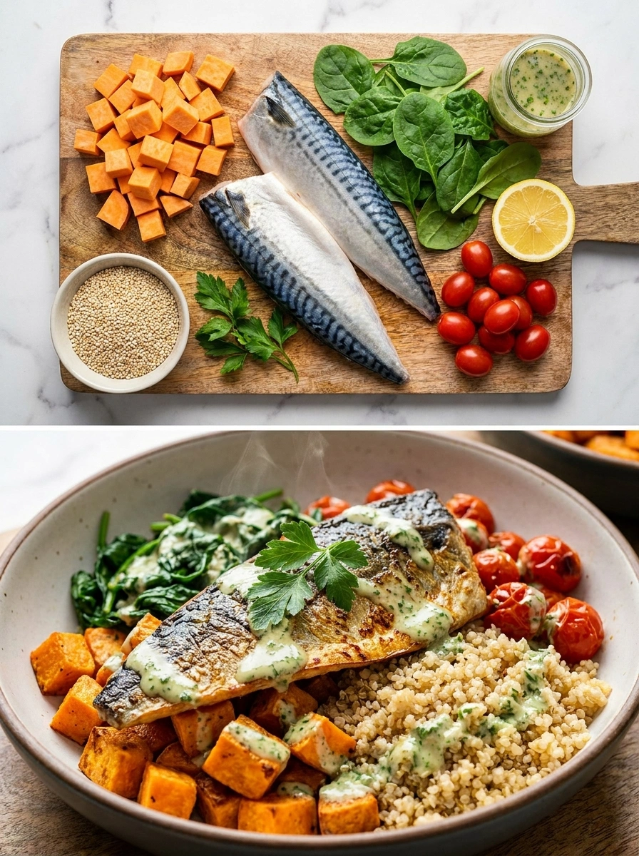 Makrill Filé sötpotatis Bowl 36g Protein - traditionellt Sverige Träningsmat recept, perfekt till vardagsmiddag