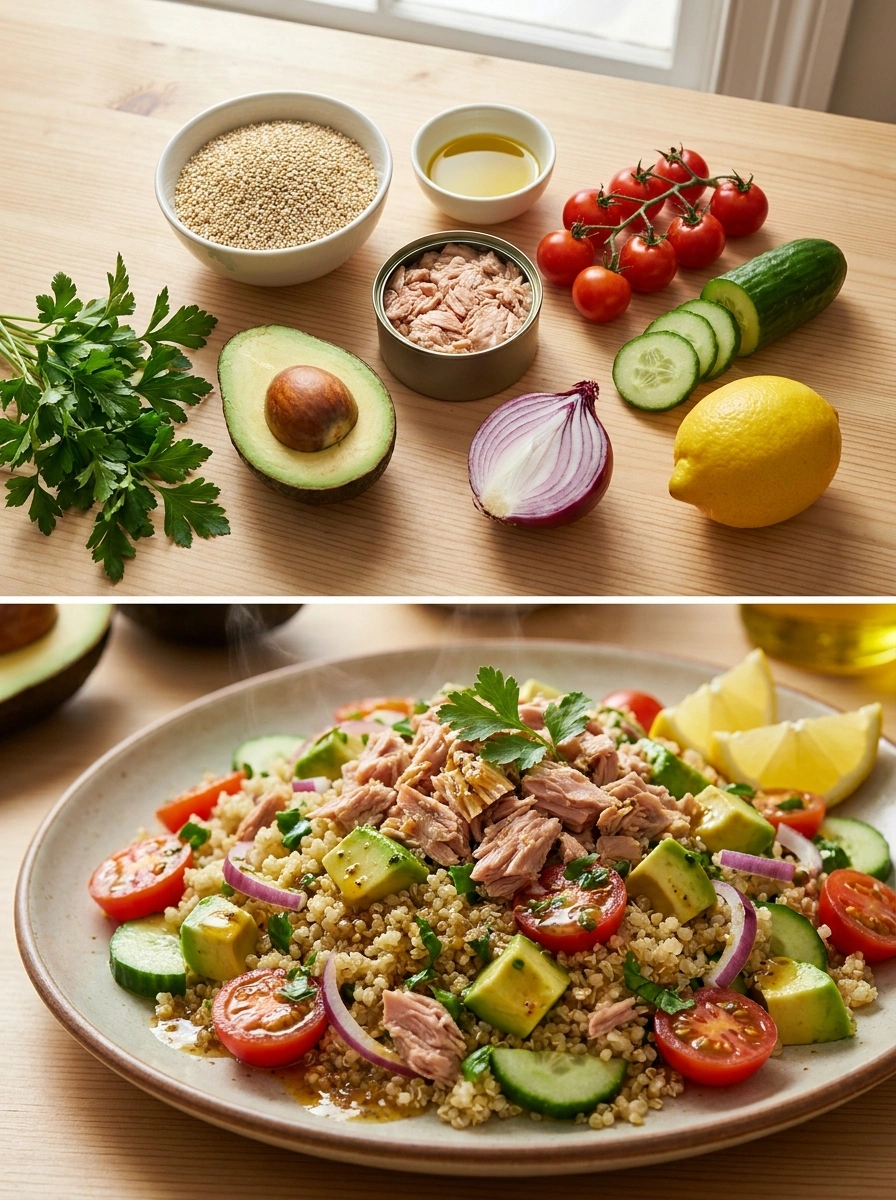 Tonfisk Avocado Quinoa Sallad 32g Protein - traditionellt Sverige Träningsmat recept, perfekt till vardagsmiddag