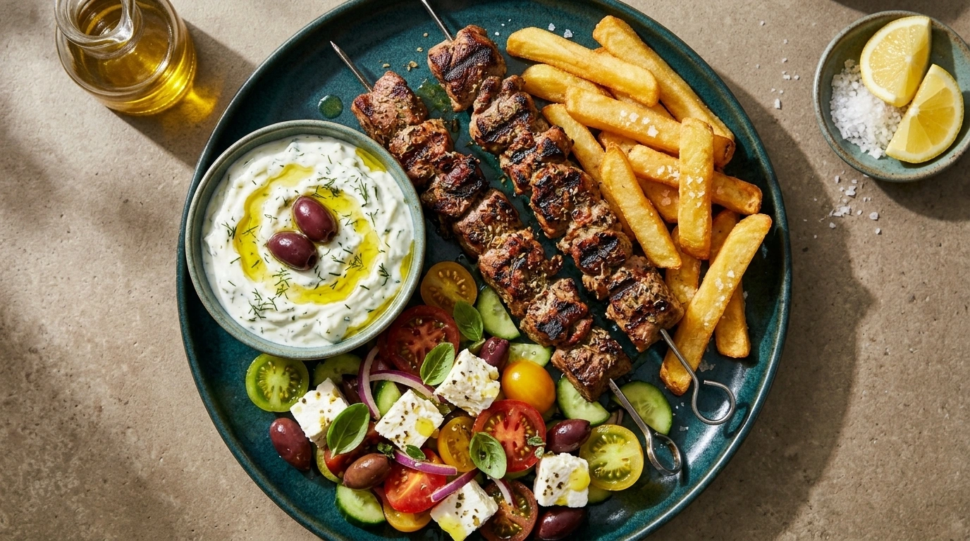 Grekisk souvlaki med tzatziki och grekisk sallad – LCHF Medelhav - traditionellt Grekland Huvudrätt recept, perfekt till vardagsmiddag