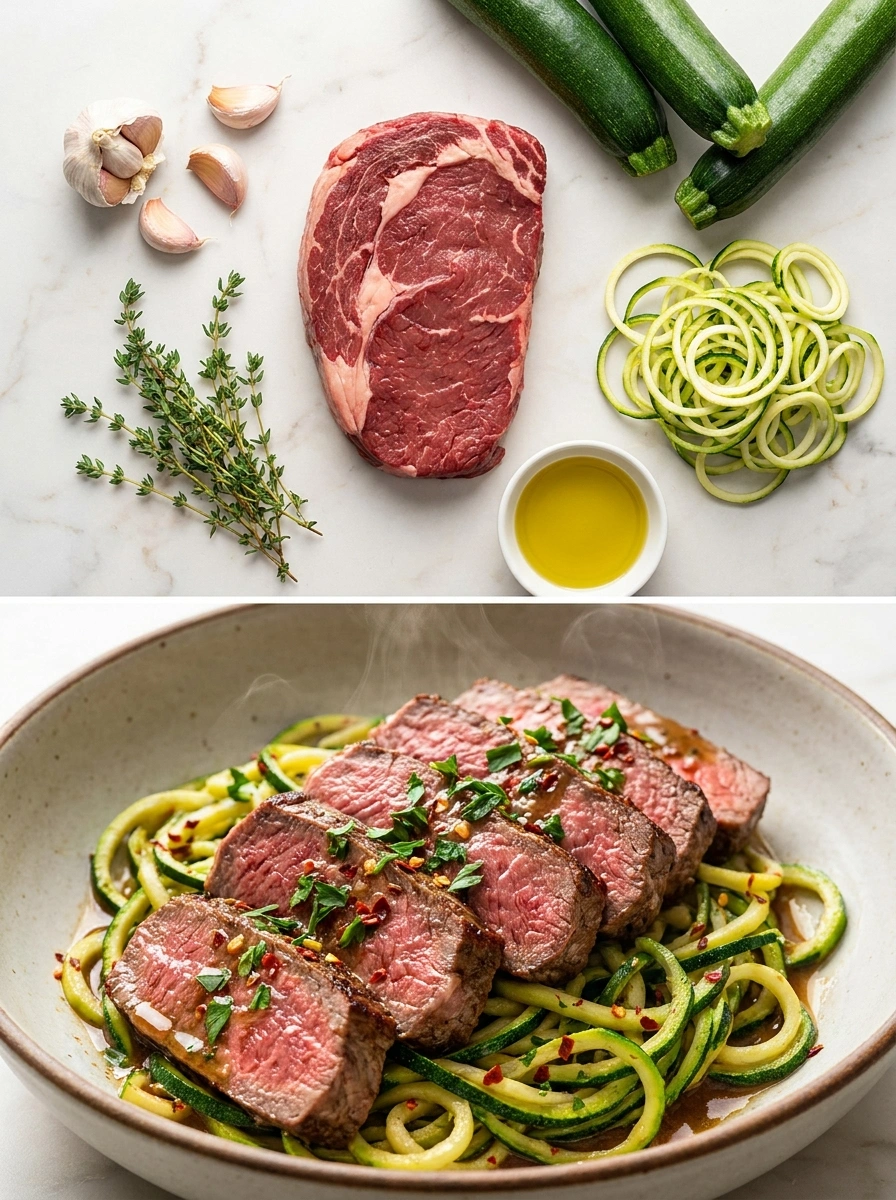 Biff Rumpstek med Zucchini Nudlar - traditionellt USA Middag utan kolhydrater recept, perfekt till vardagsmiddag