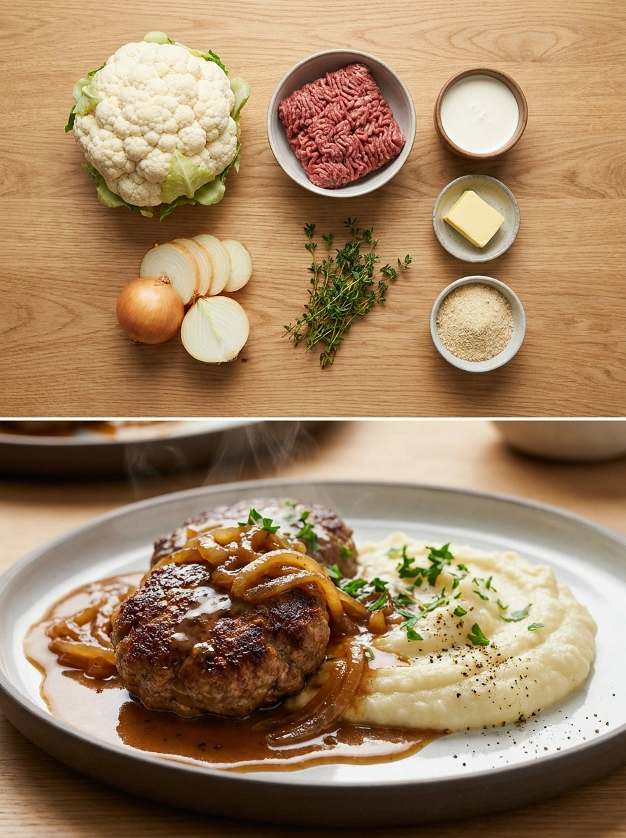 Blomkålsmos med Pannbiff & Löksky - traditionellt Sverige Middag utan kolhydrater recept, perfekt till vardagsmiddag