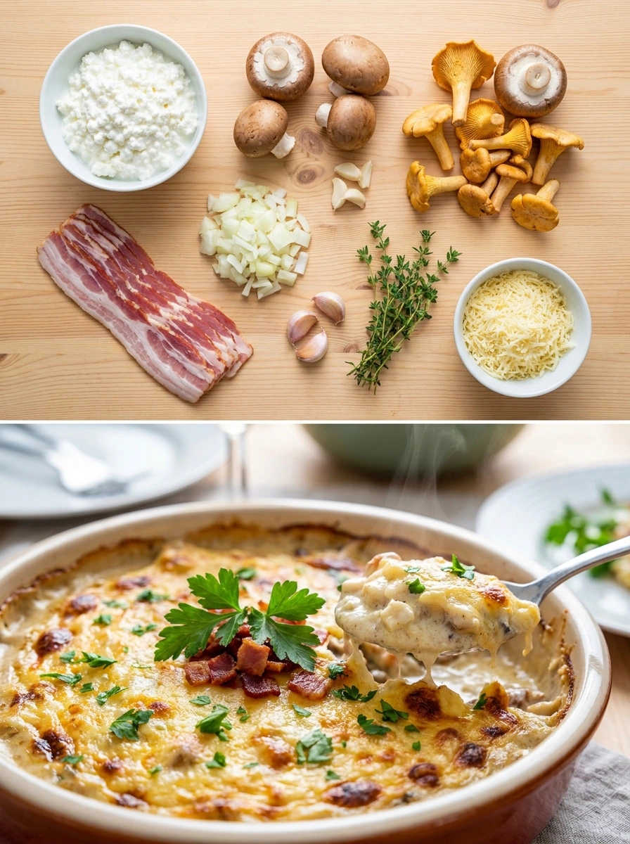 Keso Bacon Svampgratäng - traditionellt Sverige Middag utan kolhydrater recept, perfekt till vardagsmiddag