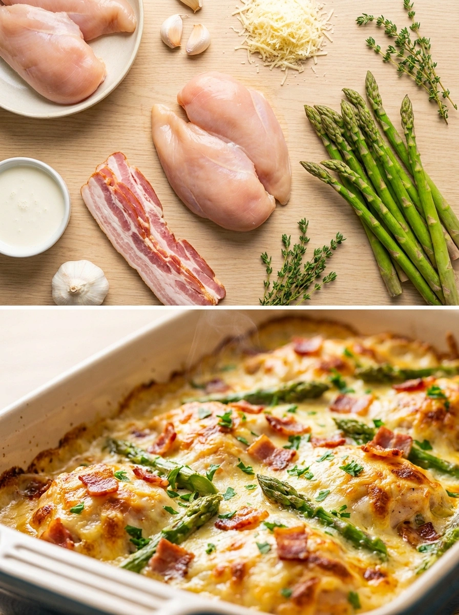Kycklinggratäng med Bacon & Sparris - traditionellt Sverige Middag utan kolhydrater recept, perfekt till vardagsmiddag