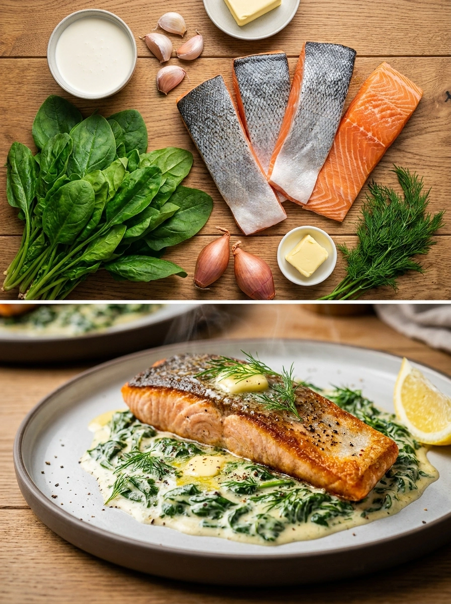 Lax Skinn med Gräddig Spenat - traditionellt Norge Middag utan kolhydrater recept, perfekt till vardagsmiddag