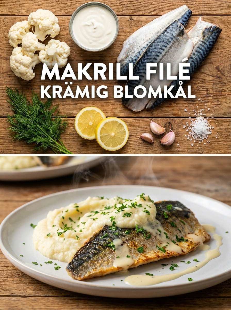 Makrill Filé Krämig Blomkål - traditionellt Sverige Middag utan kolhydrater recept, perfekt till vardagsmiddag