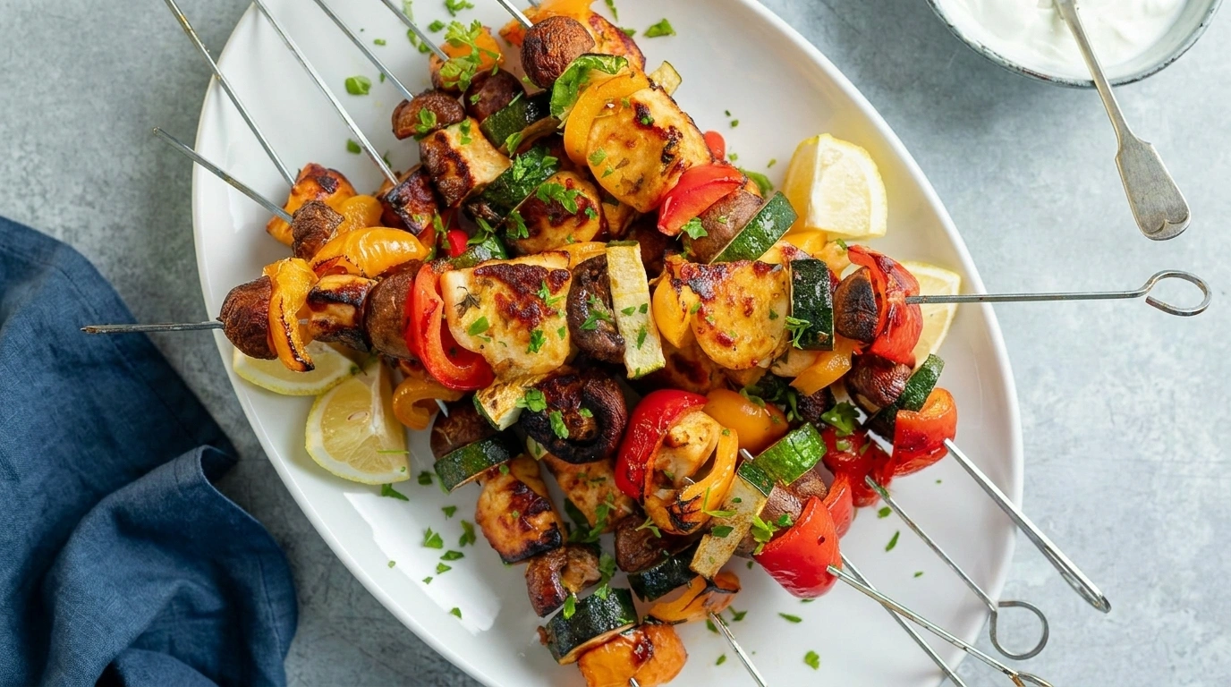 Halloumi kebab with yogurt herb sauce | Vegetariska grillspett med fräsch örtsås - traditionellt Medelhavet Grillmat recept, perfekt till vardagsmiddag