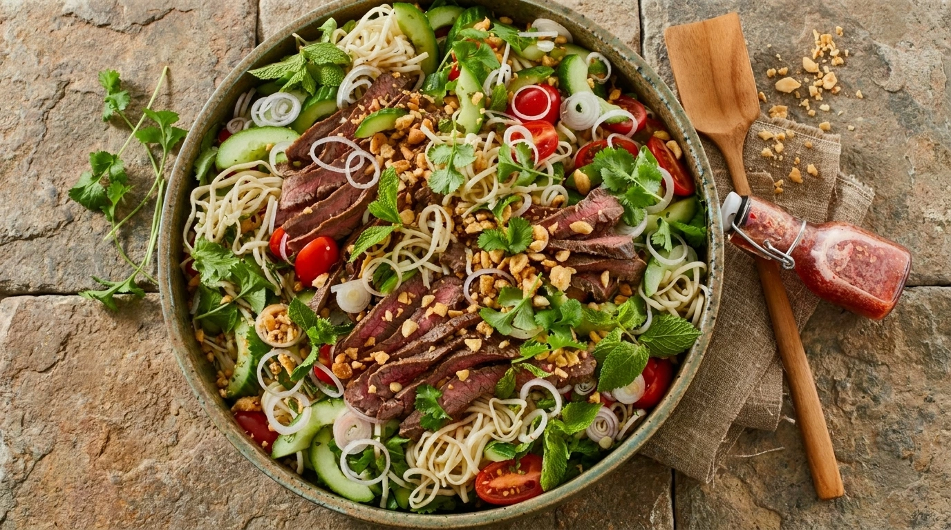 Asiatisk biffsallad | Smakrik biffsallad med soja, lime och nudlar - traditionellt Thailand Sommarsallader recept, perfekt till vardagsmiddag
