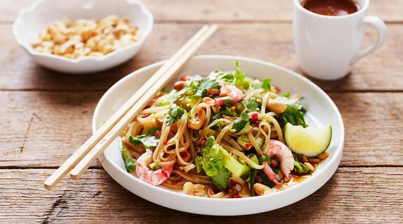 Asiatisk nudelsallad med räkor – fräsch och kryddig sallad på 20 minuter - traditionellt Thailand Sommarsallader recept, perfekt till vardagsmiddag
