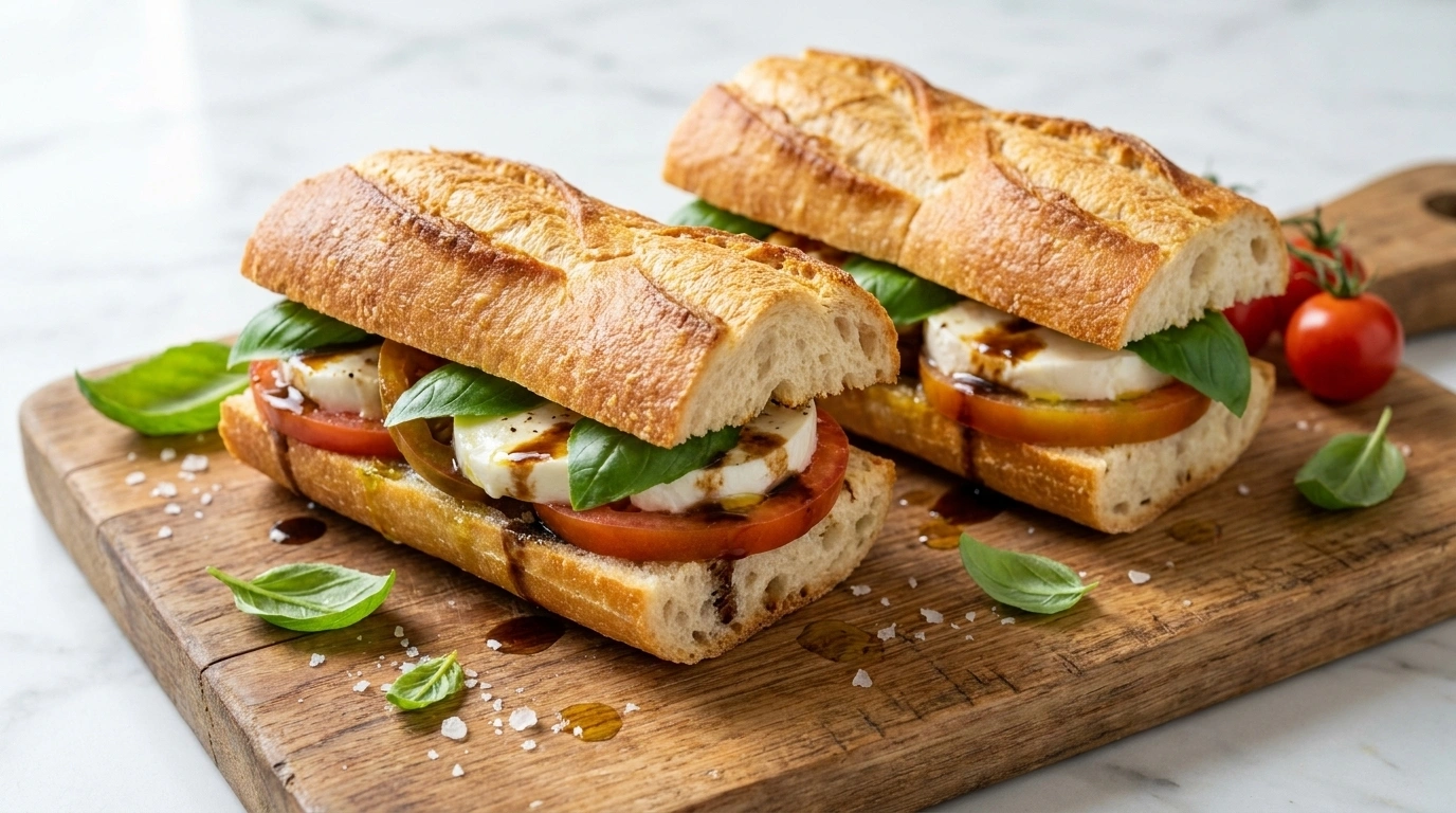 Caprese-sandwich med mozzarella, tomat och basilika - traditionellt Sverige Picknick & Utflykt recept, perfekt till vardagsmiddag