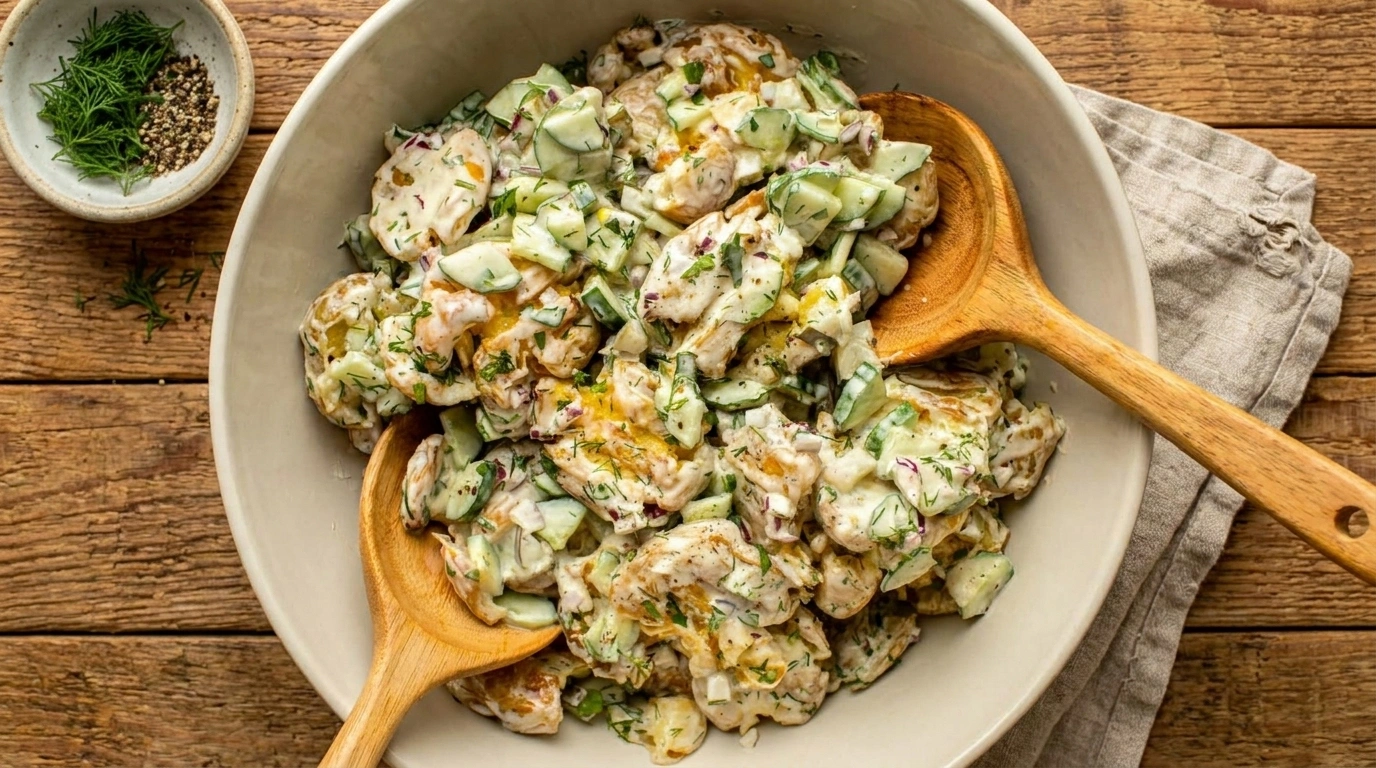Crispy potato salad with dill and pickles | Spröd kryddig potatissallad med dill och gurka - traditionellt Sverige Sommarsallader recept, perfekt till vardagsmiddag