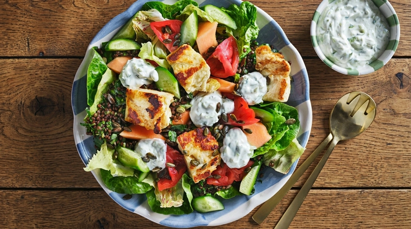 Halloumisallad med tzatziki – enkel och fräsch middag på 20 minuter - traditionellt Grekland Sommarsallader recept, perfekt till vardagsmiddag