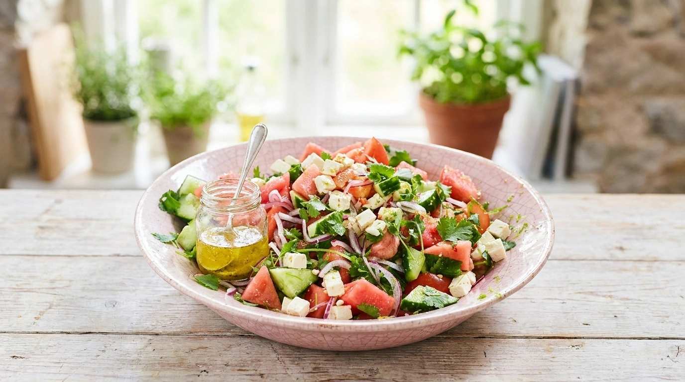 Melonsallad med vitost | Söt‑salt sommar sallad med melon och mild vitost - traditionellt Sverige Sommarsallader recept, perfekt till vardagsmiddag