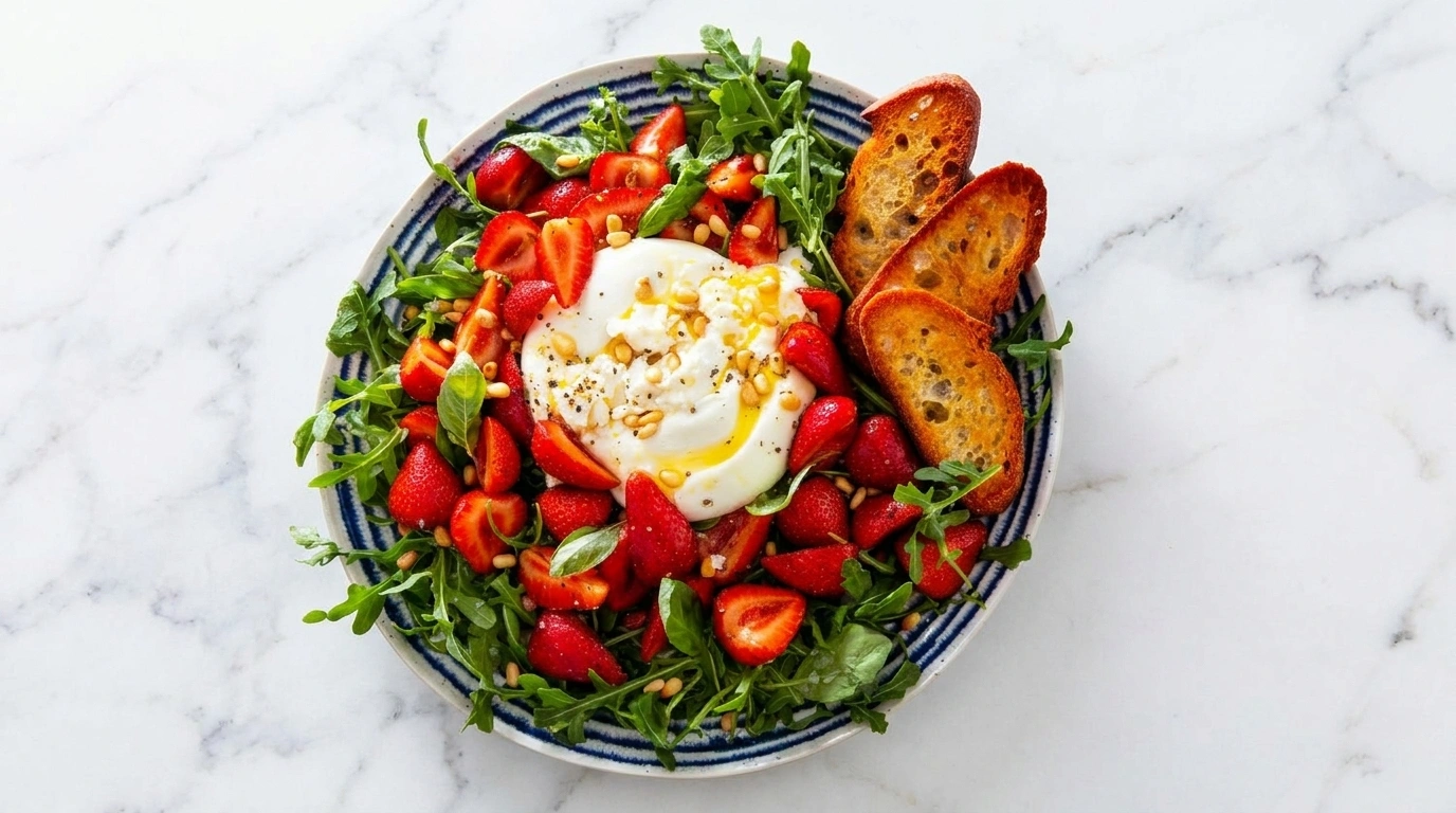 Strawberry burrata salad | Söt‑salt sallad med jordgubbar och burrata - traditionellt Italien Sommarsallader recept, perfekt till vardagsmiddag